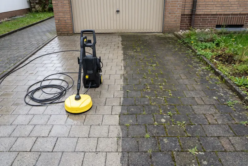 Pflastereinfahrt vor einer Garage, zur Hälfte mit dem Hochdruckreiniger gesäubert, daneben noch vermooste Fugen
